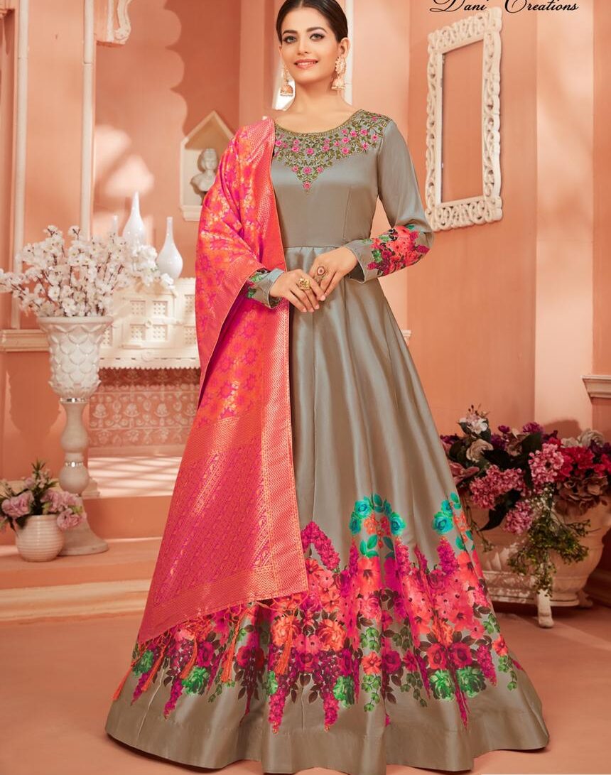 Gown for Women Party Wear with Banarsasi Dupatta in Pink