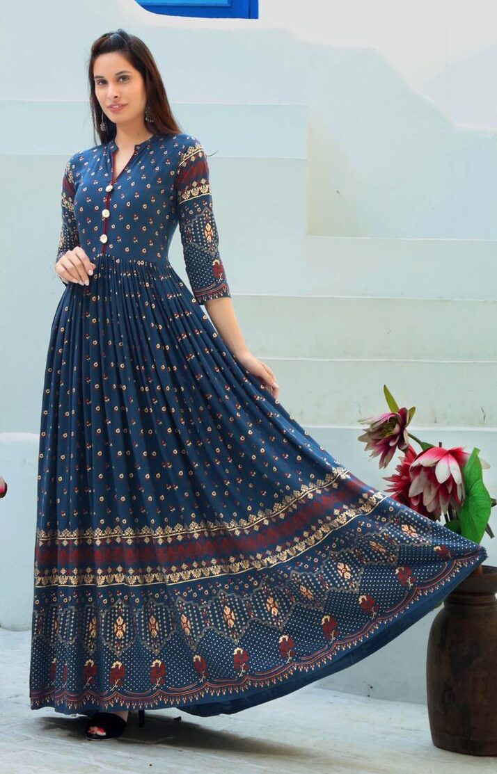 Best Readymade Blue Color Long Anarkali Kurti For Bride.