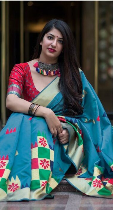 Turquoise Blue Woven Soft Banarasi Silk Saree With Contrast Blouse | Kolour