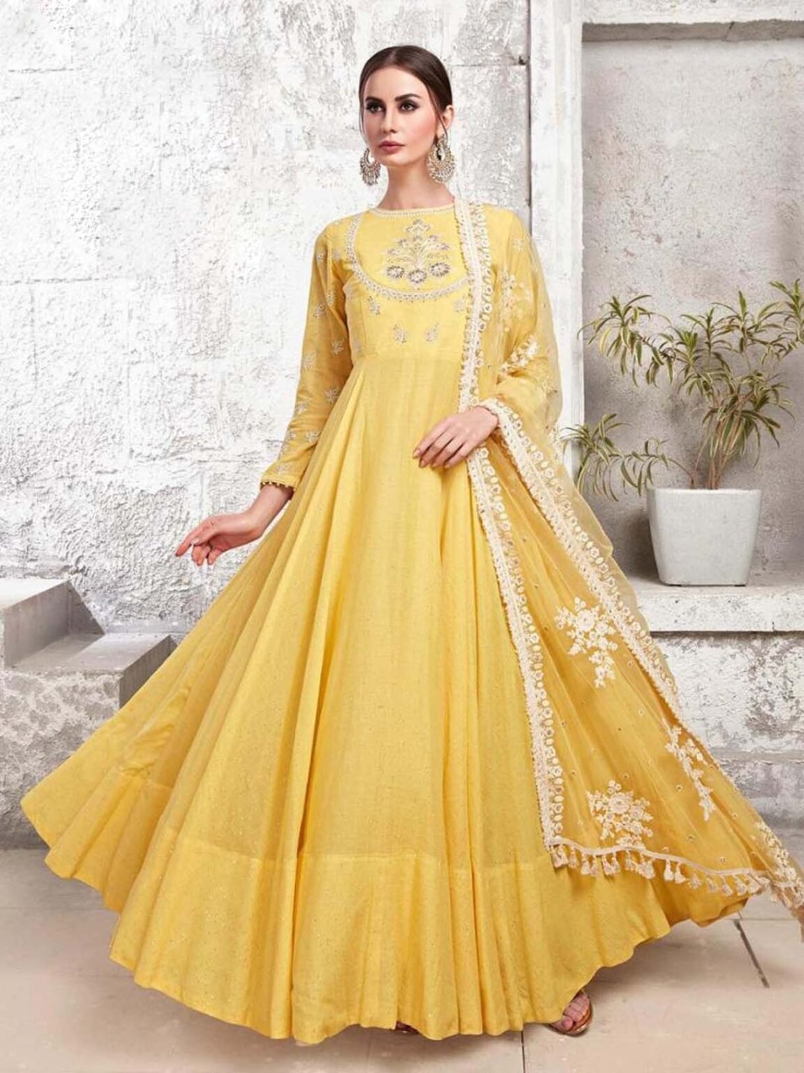 Cotton wedding Dress Plus Size in Yellow Colour for Haldi Function