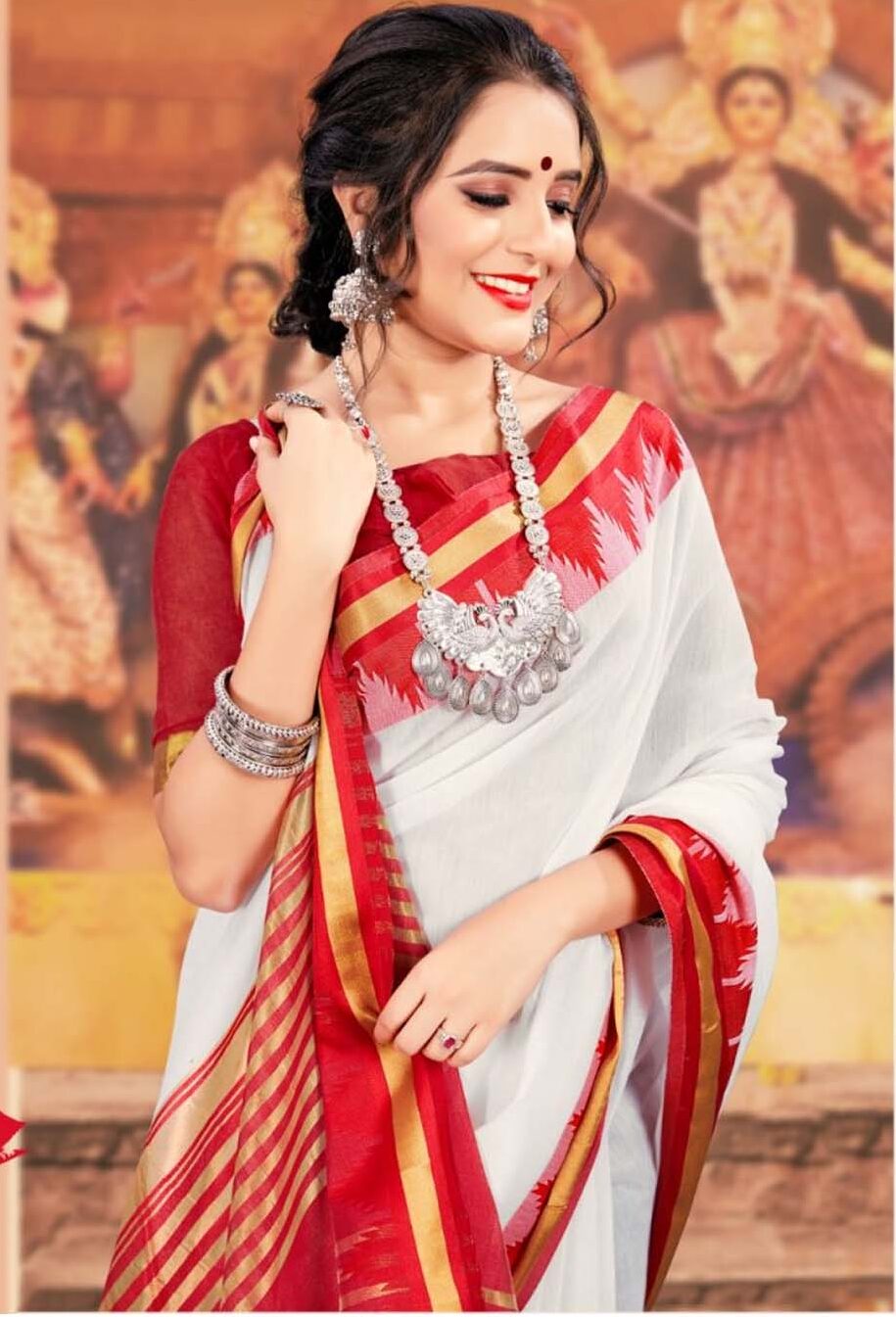 Latest Diwali Saree White And Red Durga Puja Collection 77727217 Ubicaciondepersonas Cdmx Gob Mx