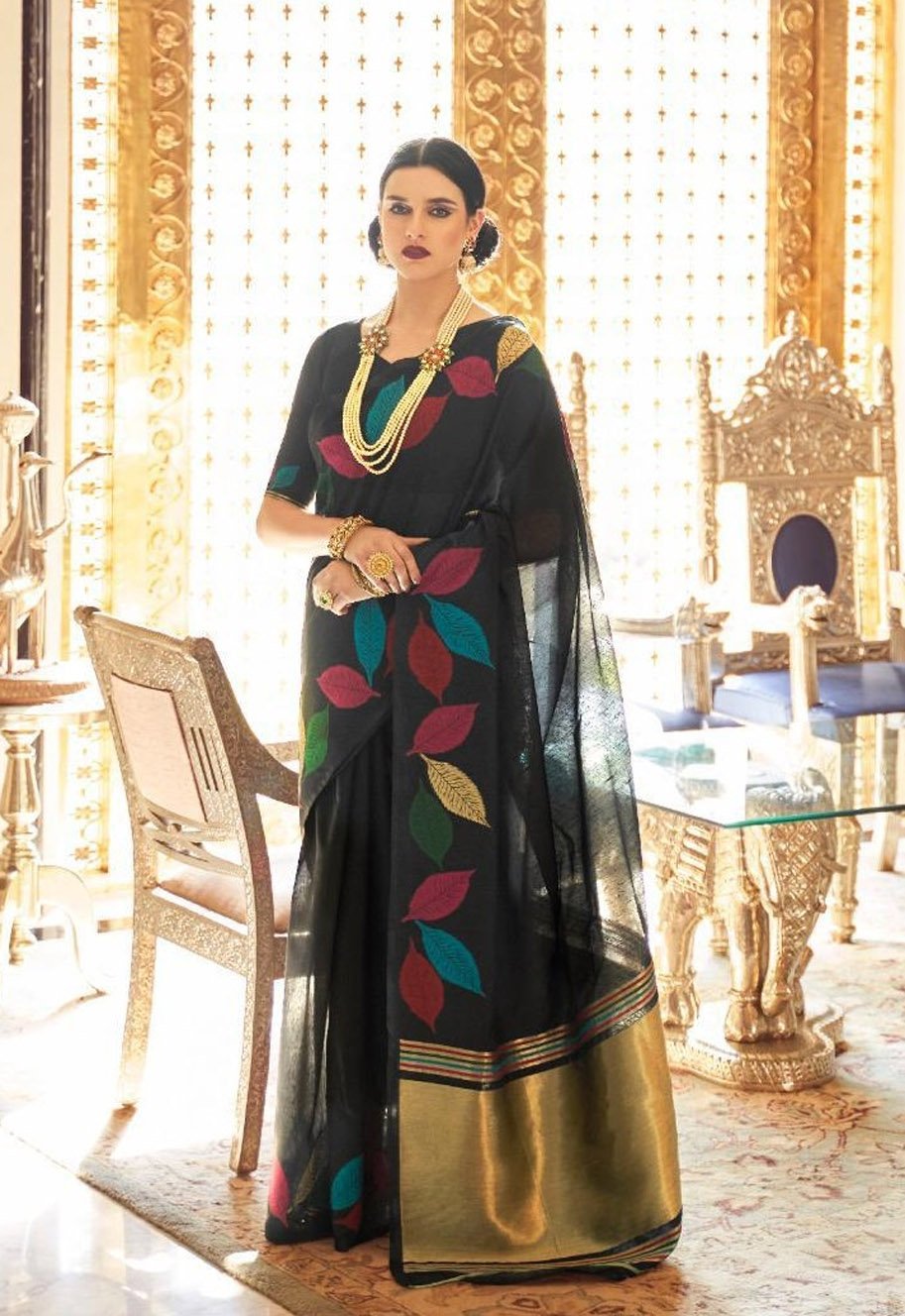 Black Saree with Golden Border Floral Print