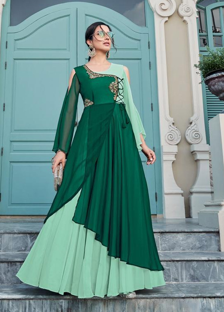 Buy Mehendi Green Mirror Work Indo Western Gown Online in USA – Pure  Elegance
