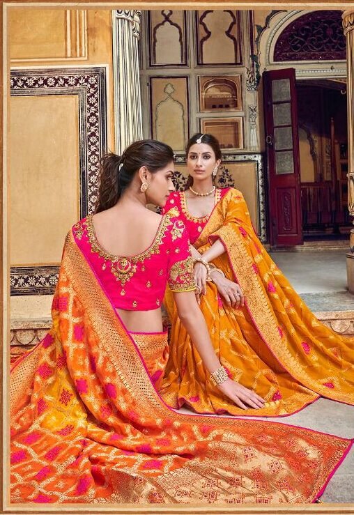 Yellow & Orange Hand Embroidered Shaded Chiffon saree – Geroo Jaipur