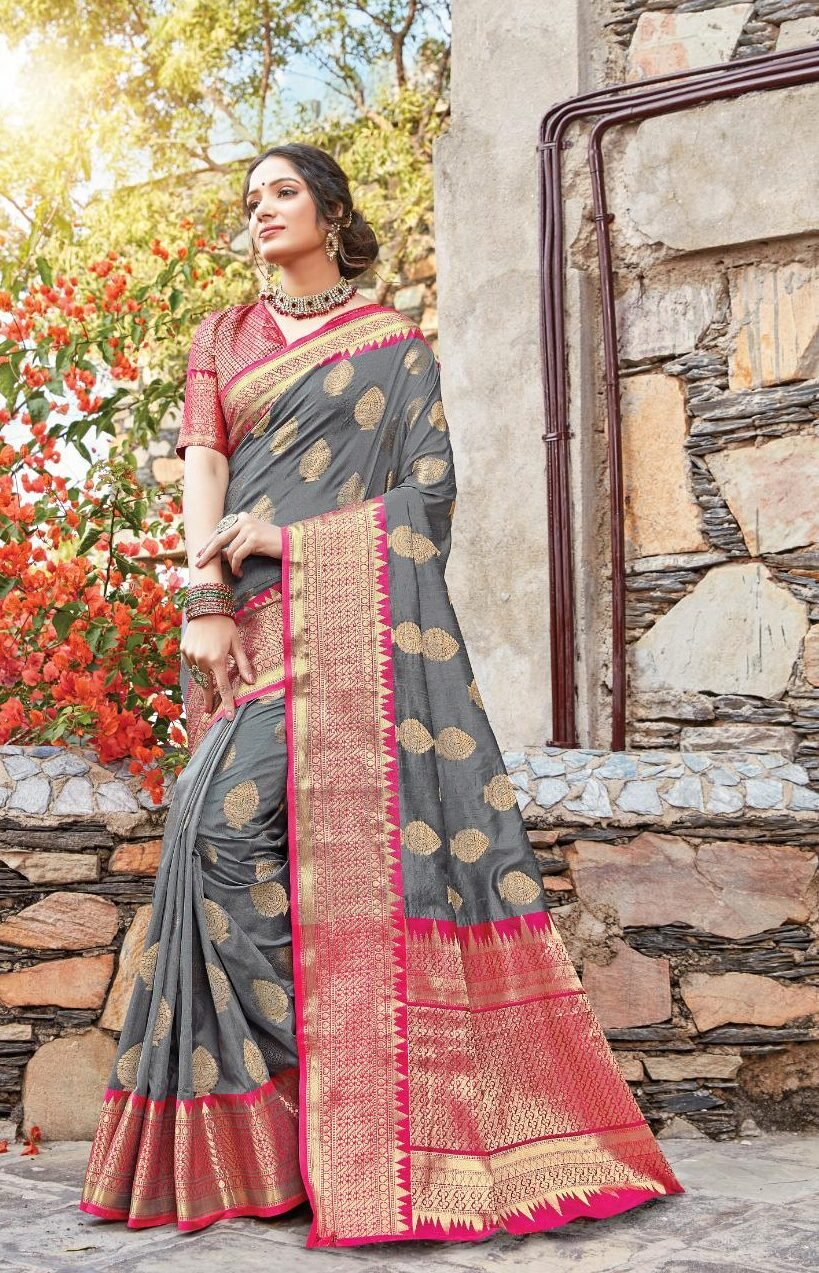 Forest Green & Gray Banarasi Silk Saree - Urban Womania