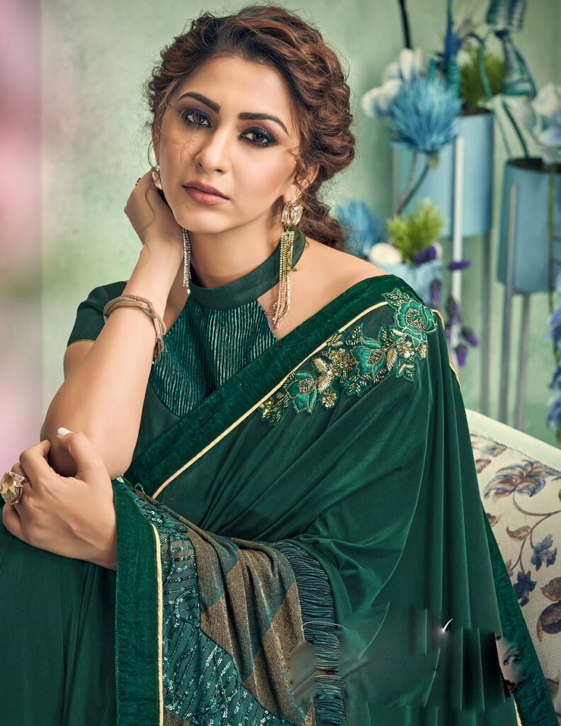 Best embroidered green color wedding saree with a contrast