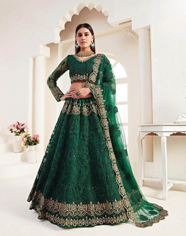 Best georgette green color satin silk bridal lehenga with a price.