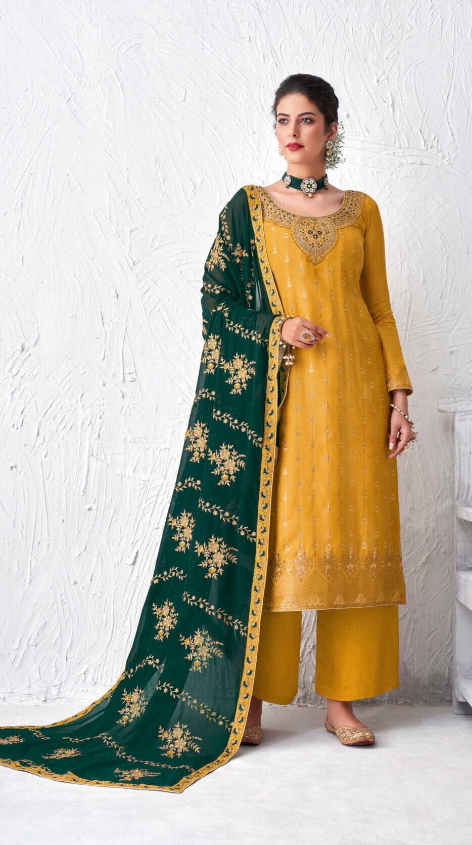 black punjabi suit with yellow dupatta