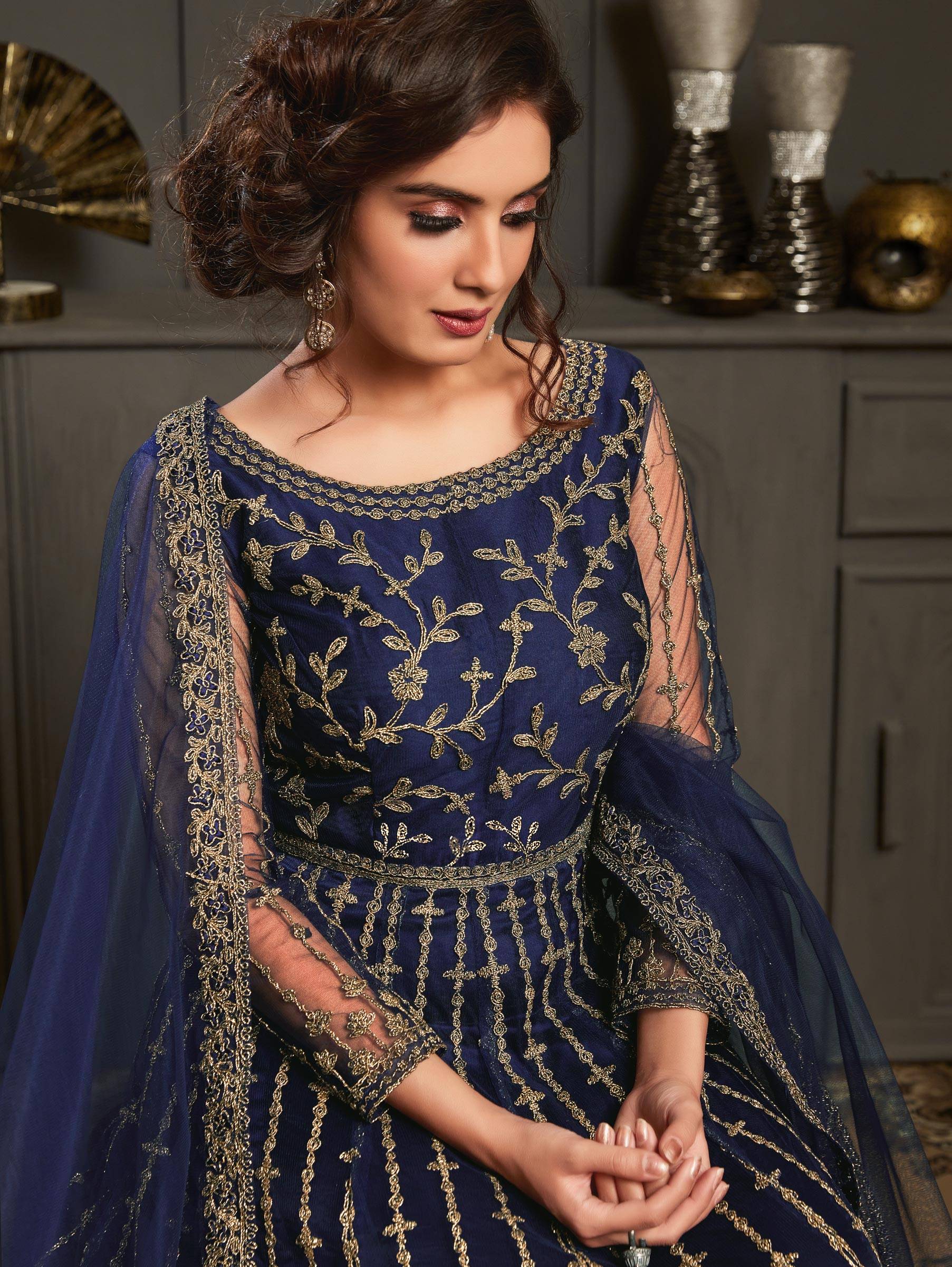 Party Wear Heavy Embroidered Navy Blue Anarkali Gown