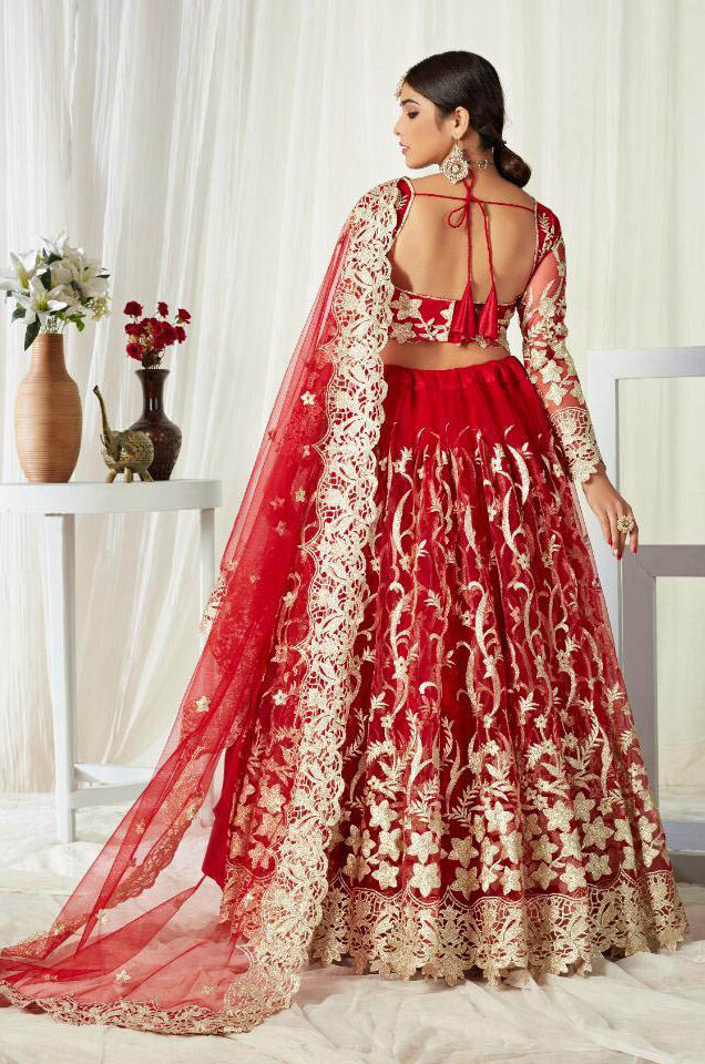 Buy Online Red Color Net Designer Bridal Lehenga Choli-lovelyweddingmall.com