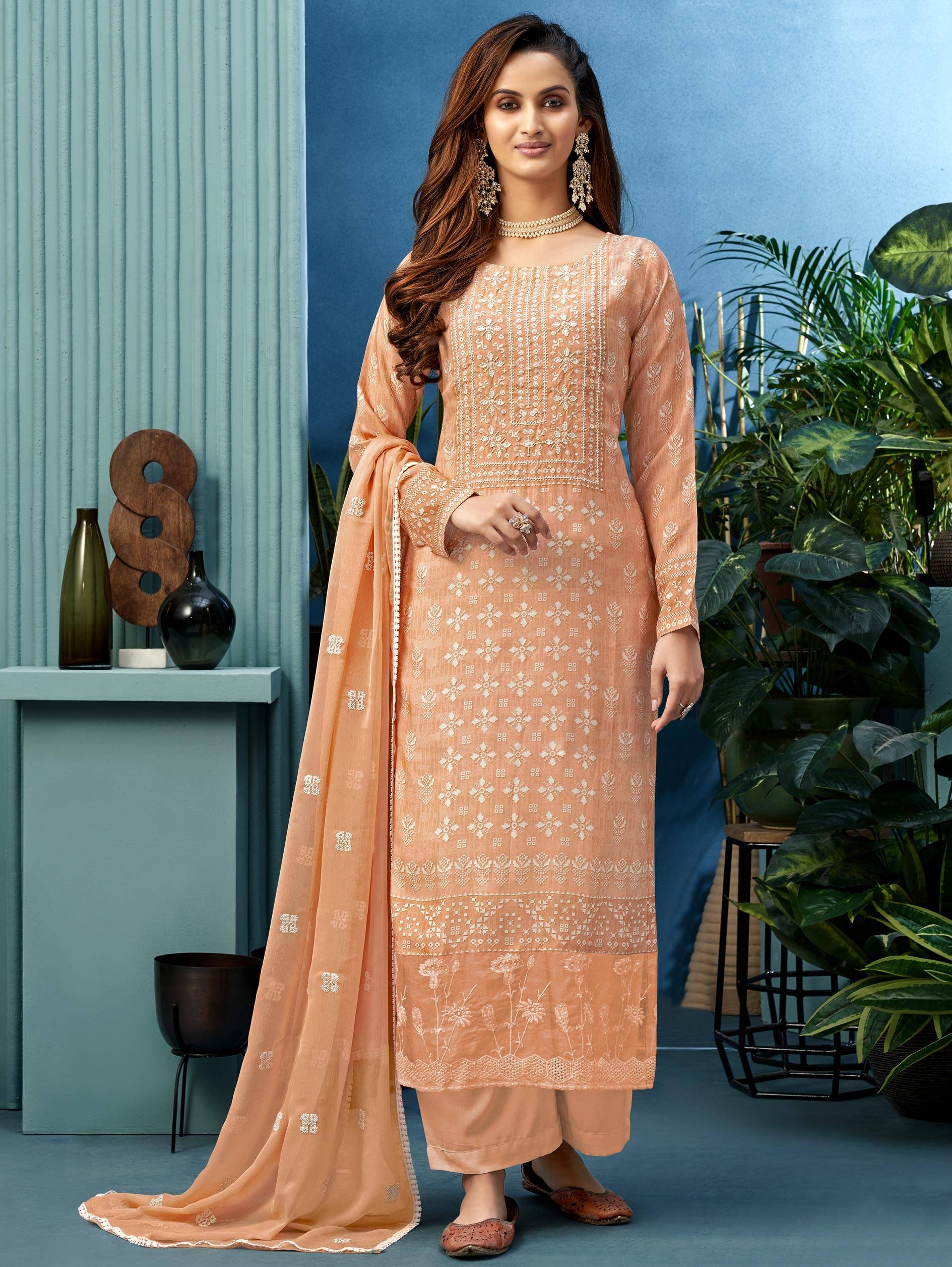Wine Embroidered Georgette Festival Wear Straight Pant Suit  Ethnic Plus