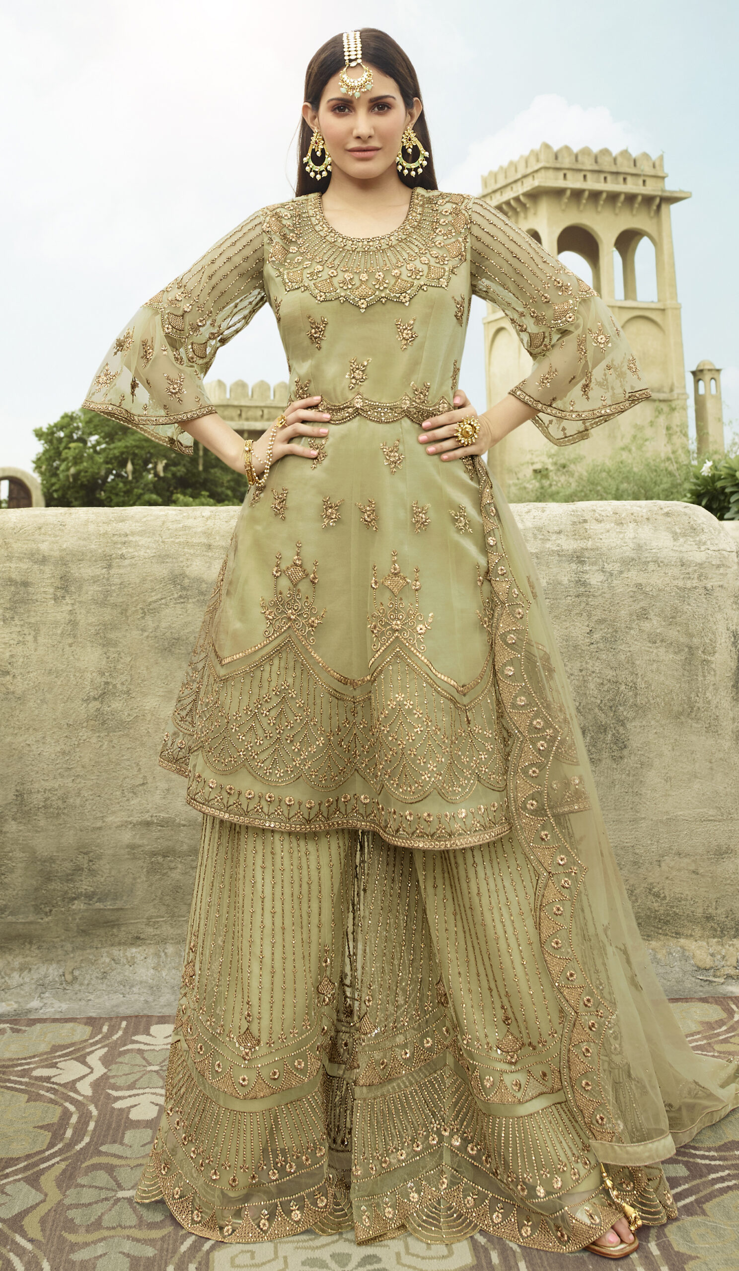 Beige Golden Traditional Heavy Designer Work Sharara Suit - Indian Heavy  Anarkali Lehenga Gowns Sharara Sarees Pakistani Dresses in  USA/UK/Canada/UAE - IndiaBoulevard
