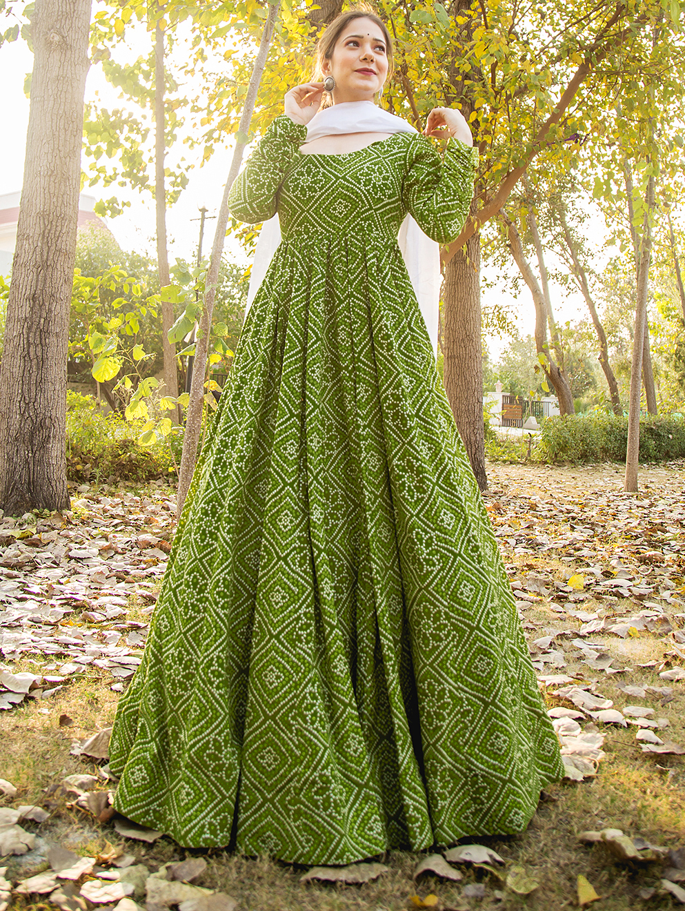 Long Frock Suit Designs with PriceJaipuri Green Gown with White Dupatta