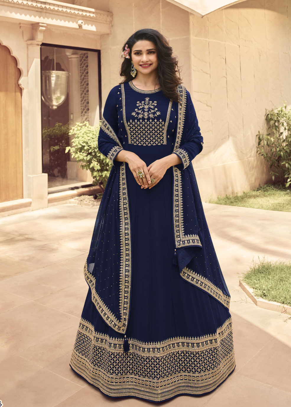 Hand Embroidered Net Anarkali Suit in Royal Blue  KBX32