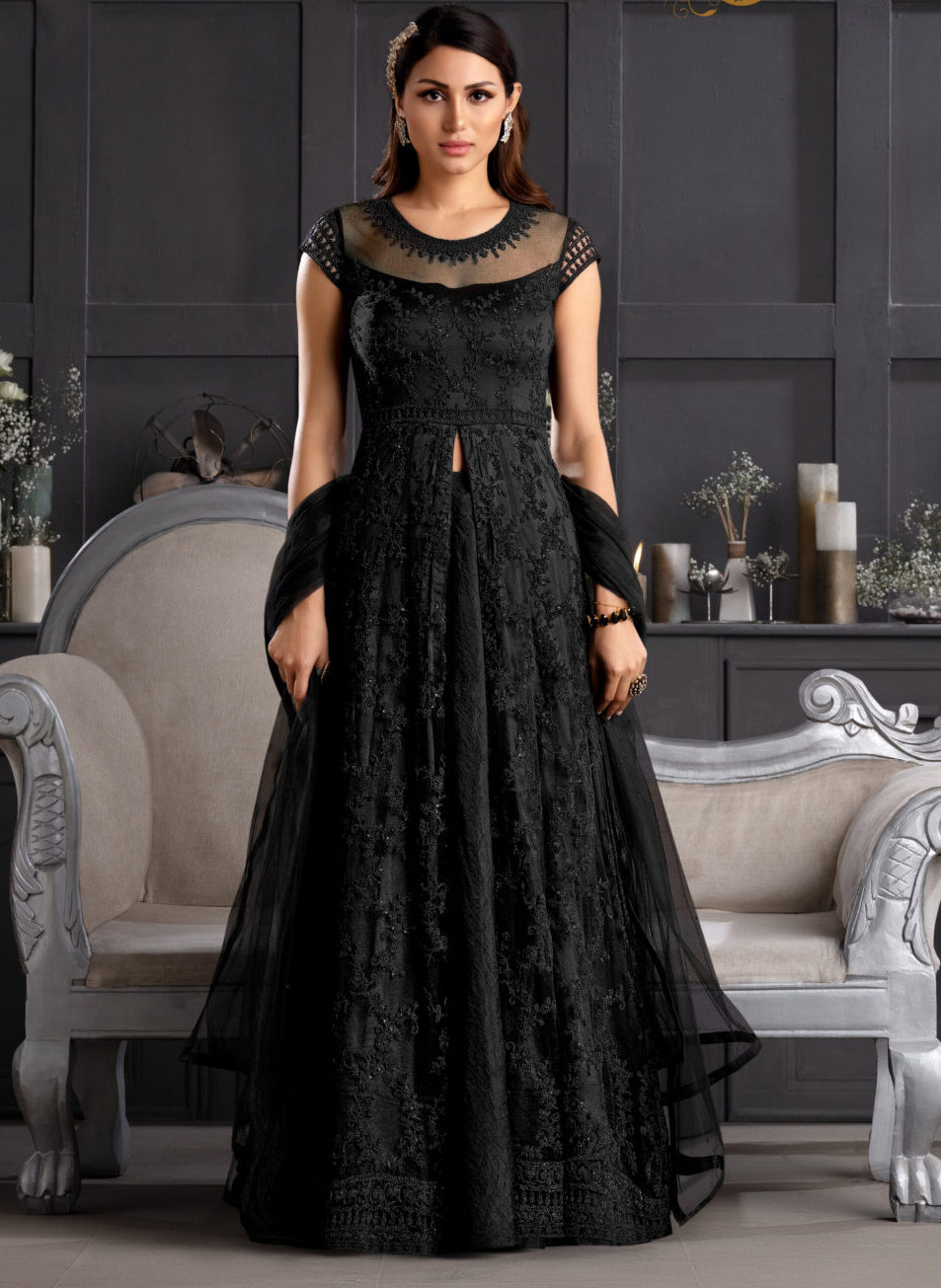 Designer Embroidered Black Gown Party Wear | gown black colour