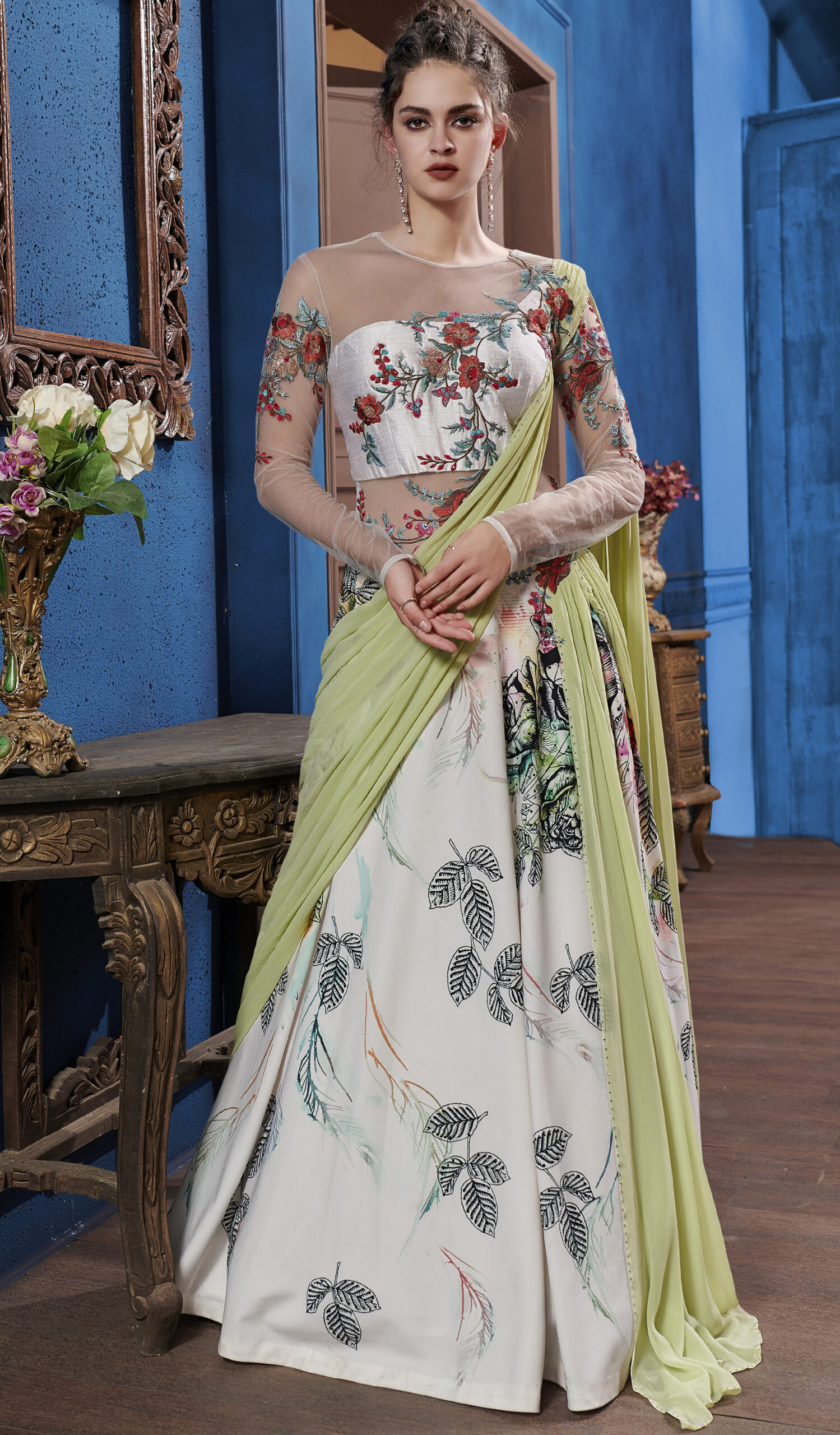 Gown : Sky blue georgette heavy embroidered designer lehenga ...