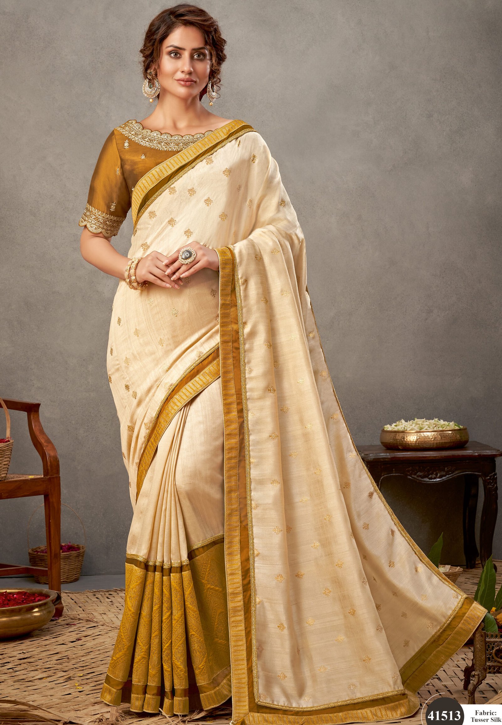 Winsome Cream Color Banarasi Silk Wedding Saree