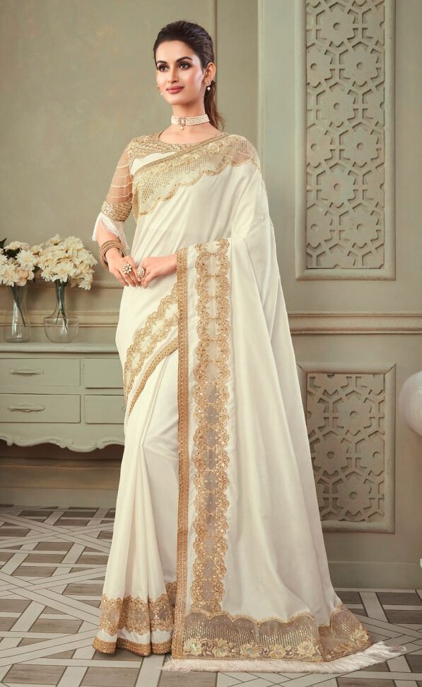 Silk Bridal Saree in White and Off White with Stone work | Bridal saree, Saree  wedding, Reception saree