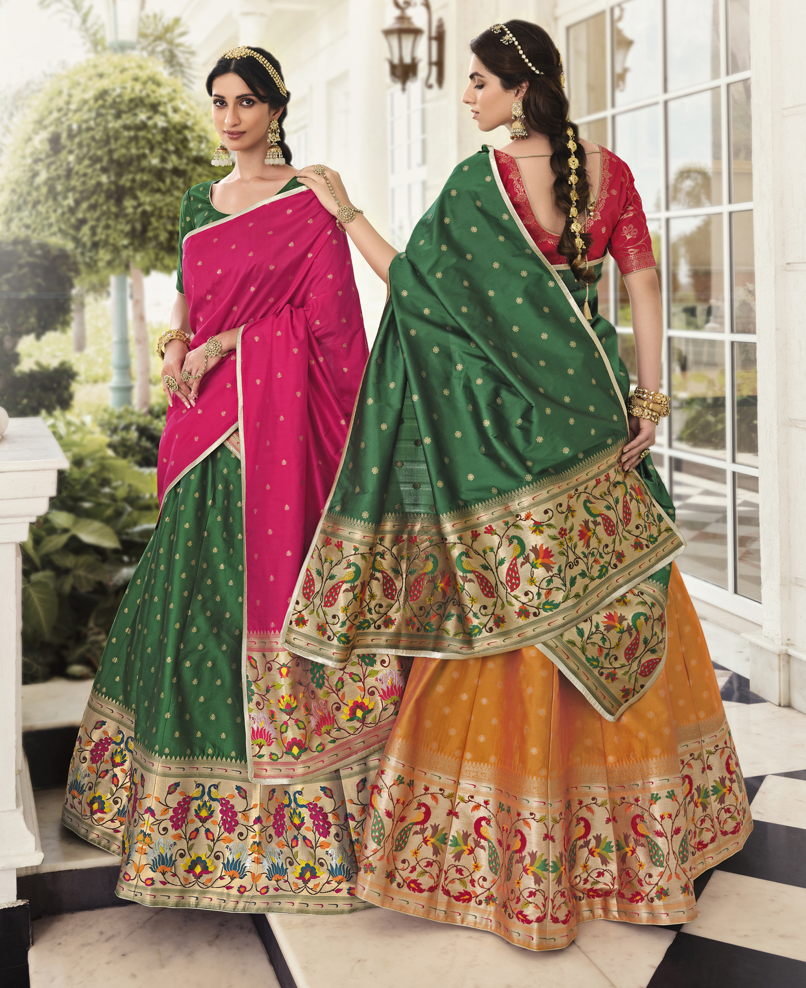 Conspicuous Shimmer Mirror Green Lehenga Saree