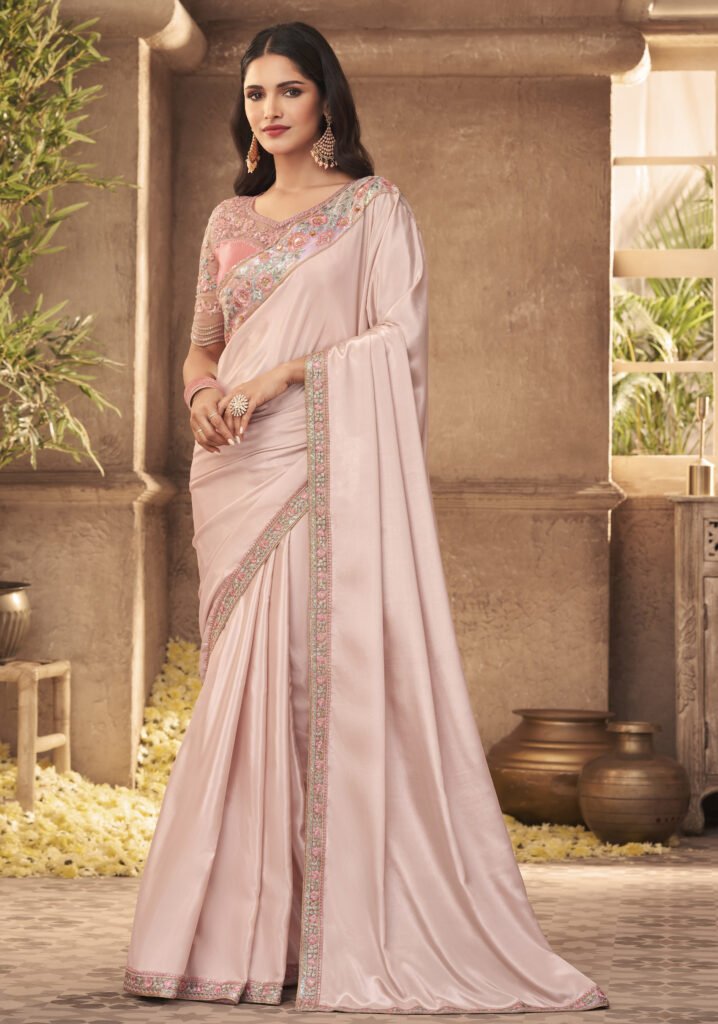 CHARUKRITI Rose Pink Cotton Embroidered Saree