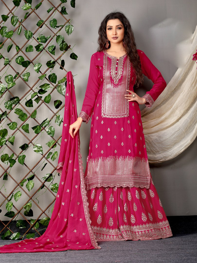 Red Sequence Embroidered Jacket Style Sharara Suit - Hijab Online