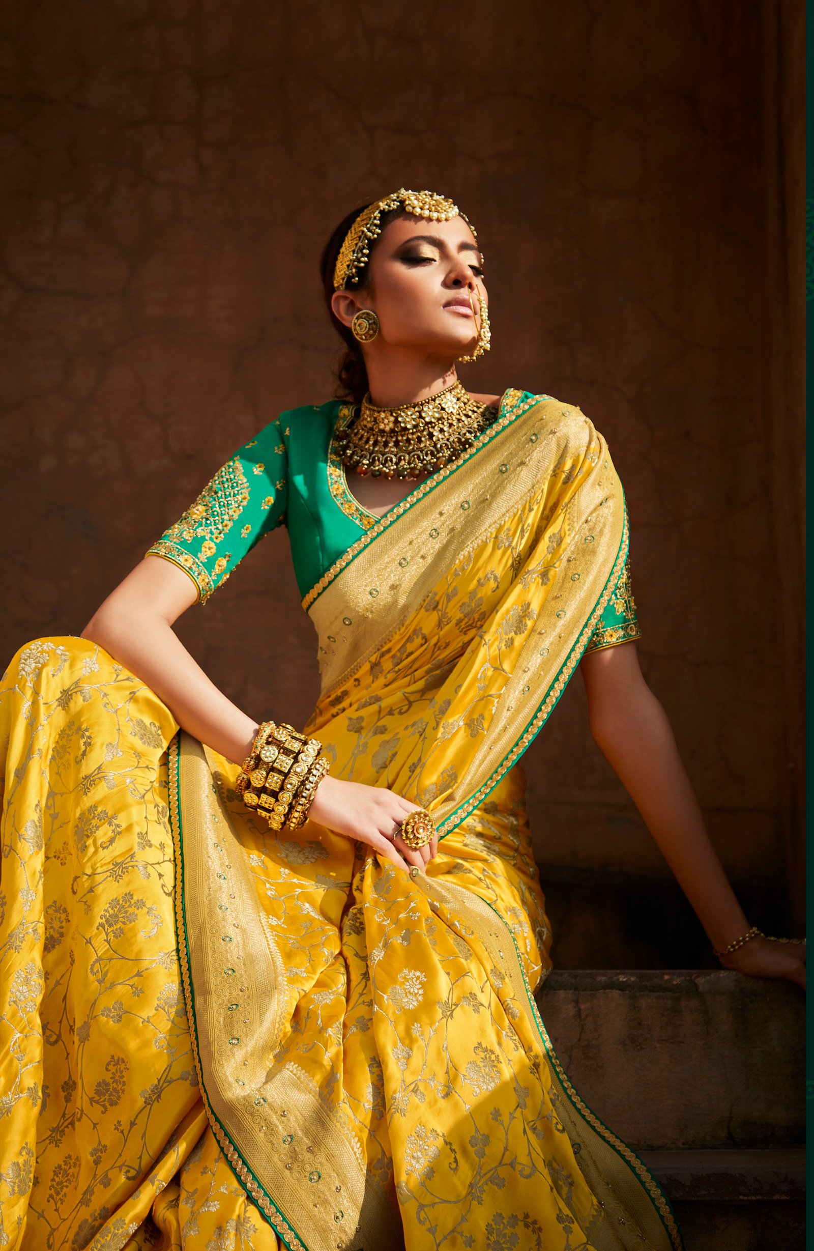 Buy Yellow and Red color banarasi silk wedding saree in UK, USA and Canada