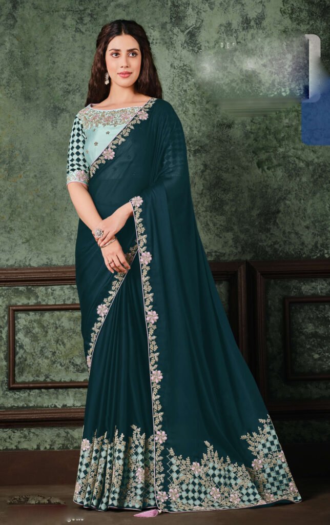 Vichitra Silk Heavy Jari,Resham Embroidery,Stone Work Dark Green saree with  Blouse - SR19678
