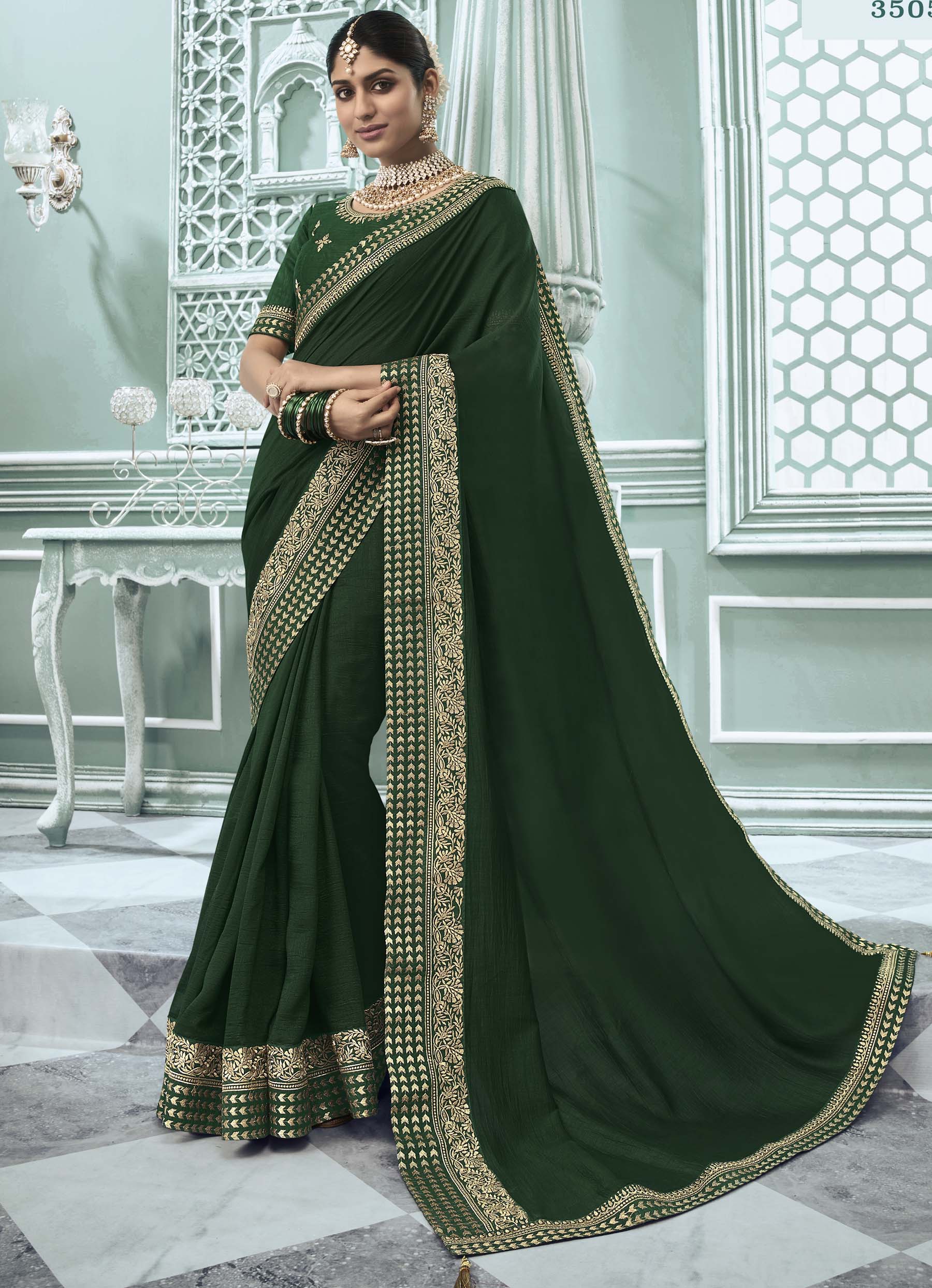 Green Plain Silk Saree with Heavy Border