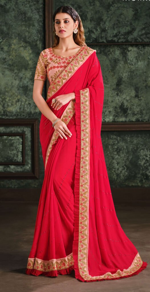 Pink Designer Partywear and Wedding Saree with Embroidery Bespoke made to  order -