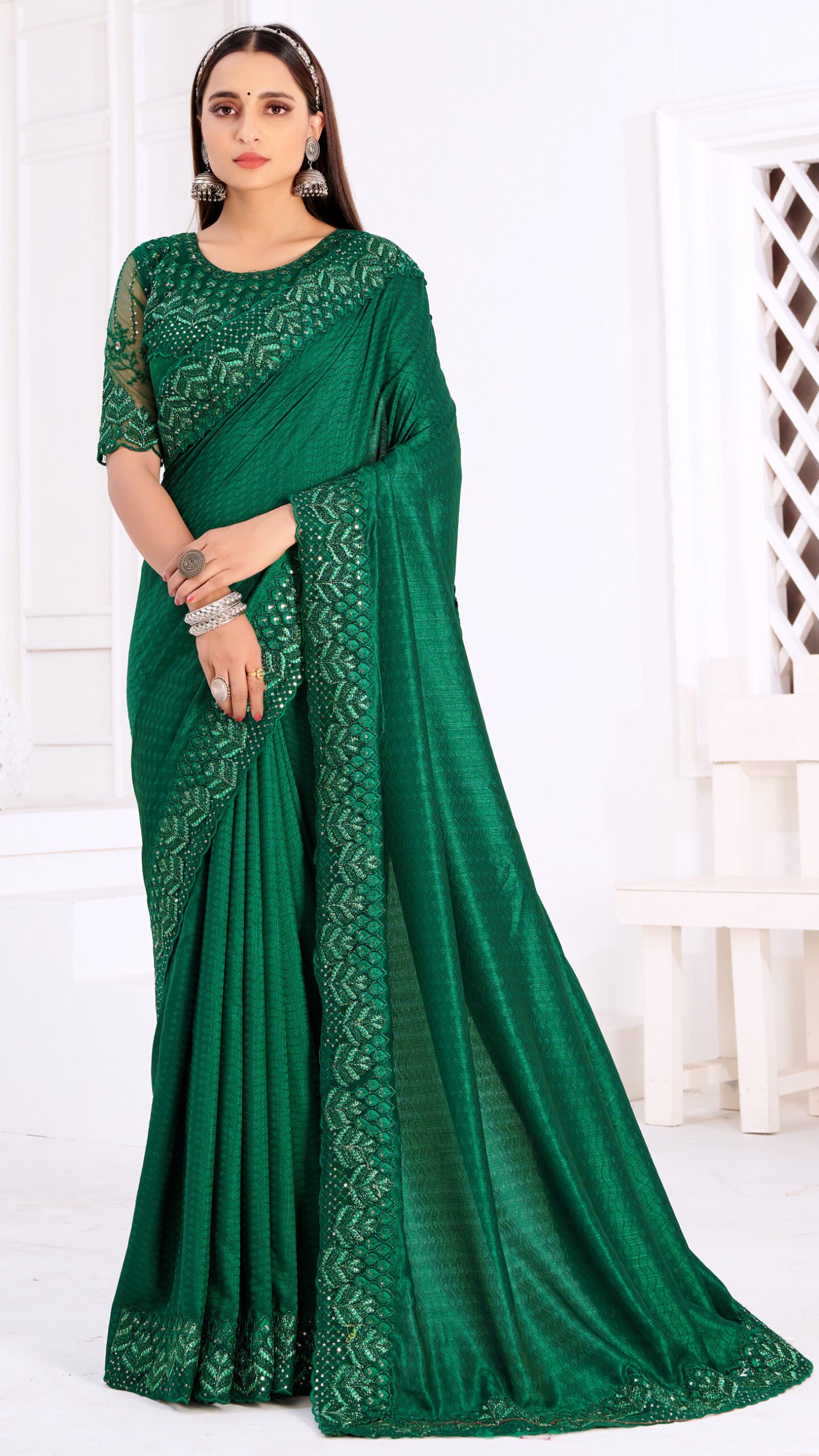 Green Satin Silk Saree | Bottle green saree, Green saree, Soft silk sarees