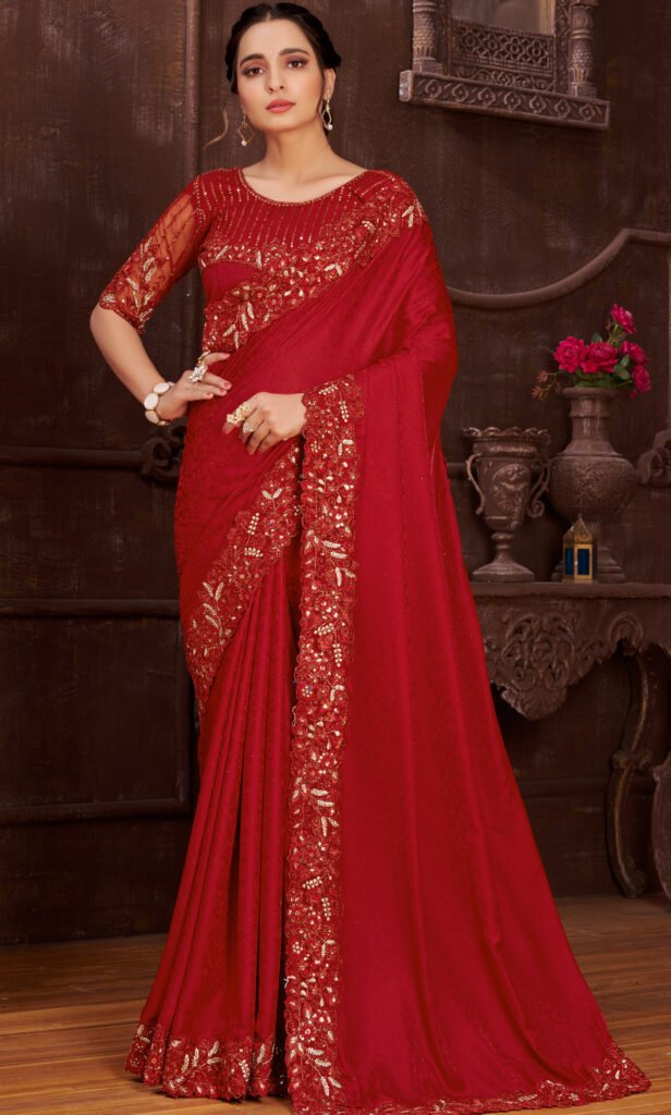 Design flower party wear red saree with silk golden woven work – Cygnus  Fashion