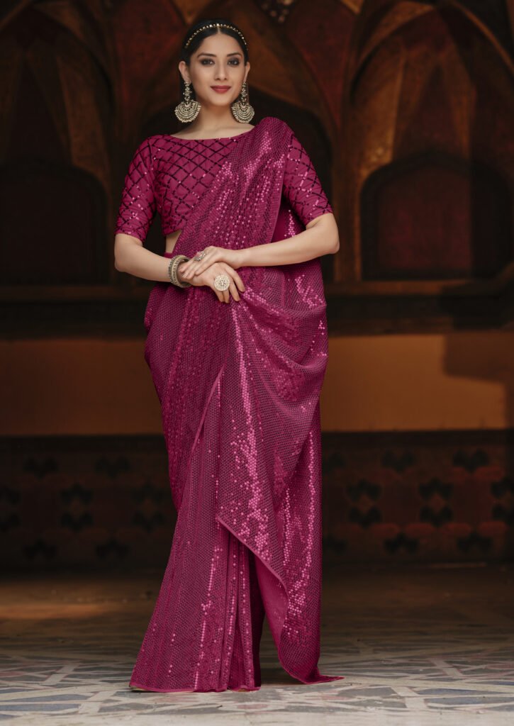 Wine Color Georgette Sequins Embroidered Saree