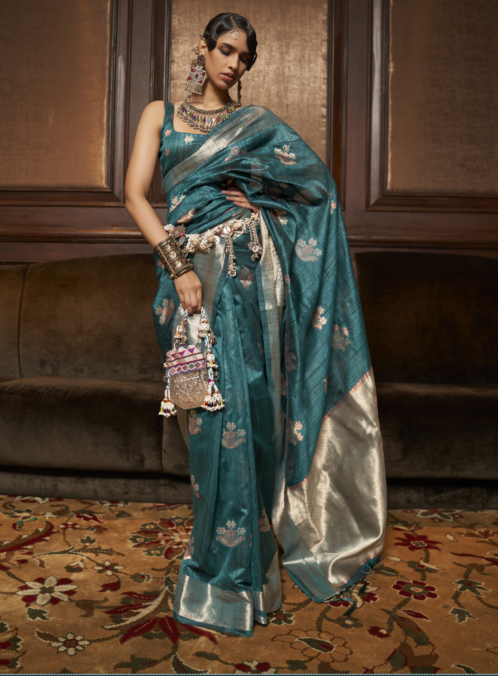Silver Border Silk Saree Blouse Designs for Wedding