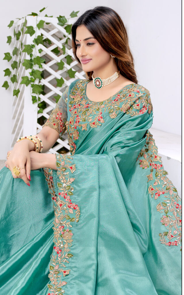 Light blue pure silk half saree with zari designs, contrast zari border, blouse & dhavani of intricate designs
