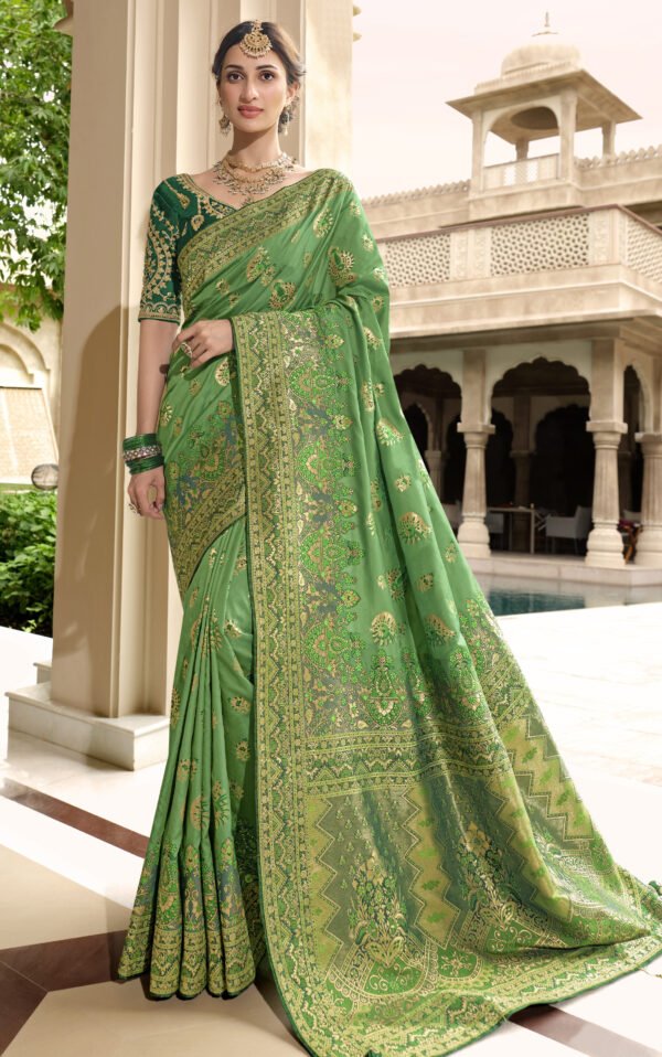 Bridal Silk Saree for Reception in Green Colour Heavy Blouse