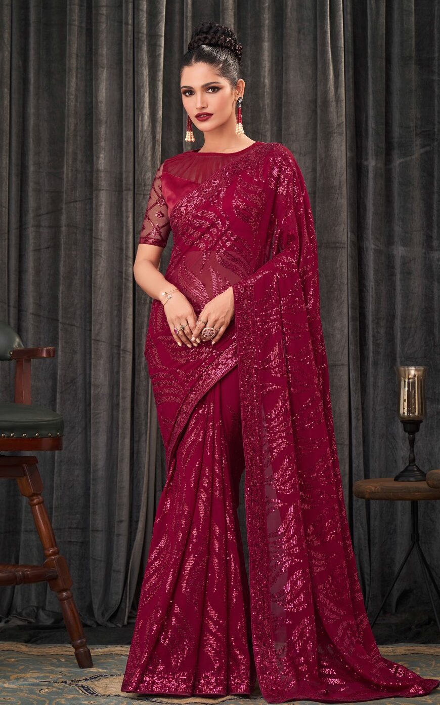 Red Party Wear Sequins Embroidered Saree In Georgette Saree 4068SR10