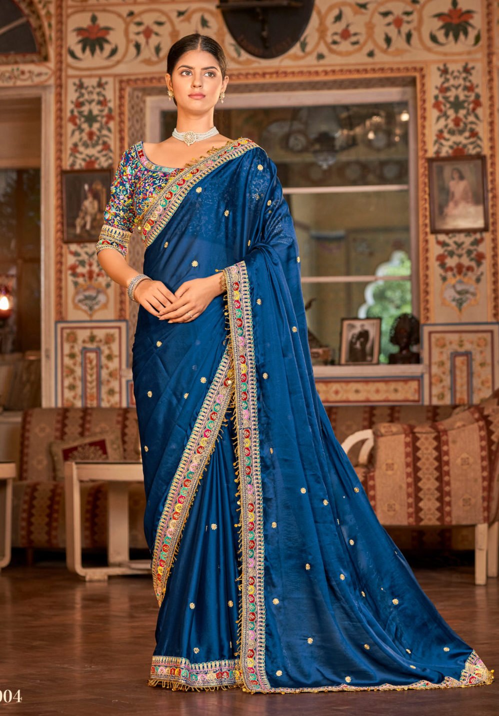 Glitter Saree Party Wear Ink Blue Colour