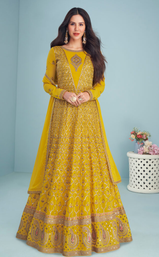 Yellow Color Art Silk Fabric Party Wear Divine Printed Readymade Long | Gown  with dupatta, Long gown, Designer gowns