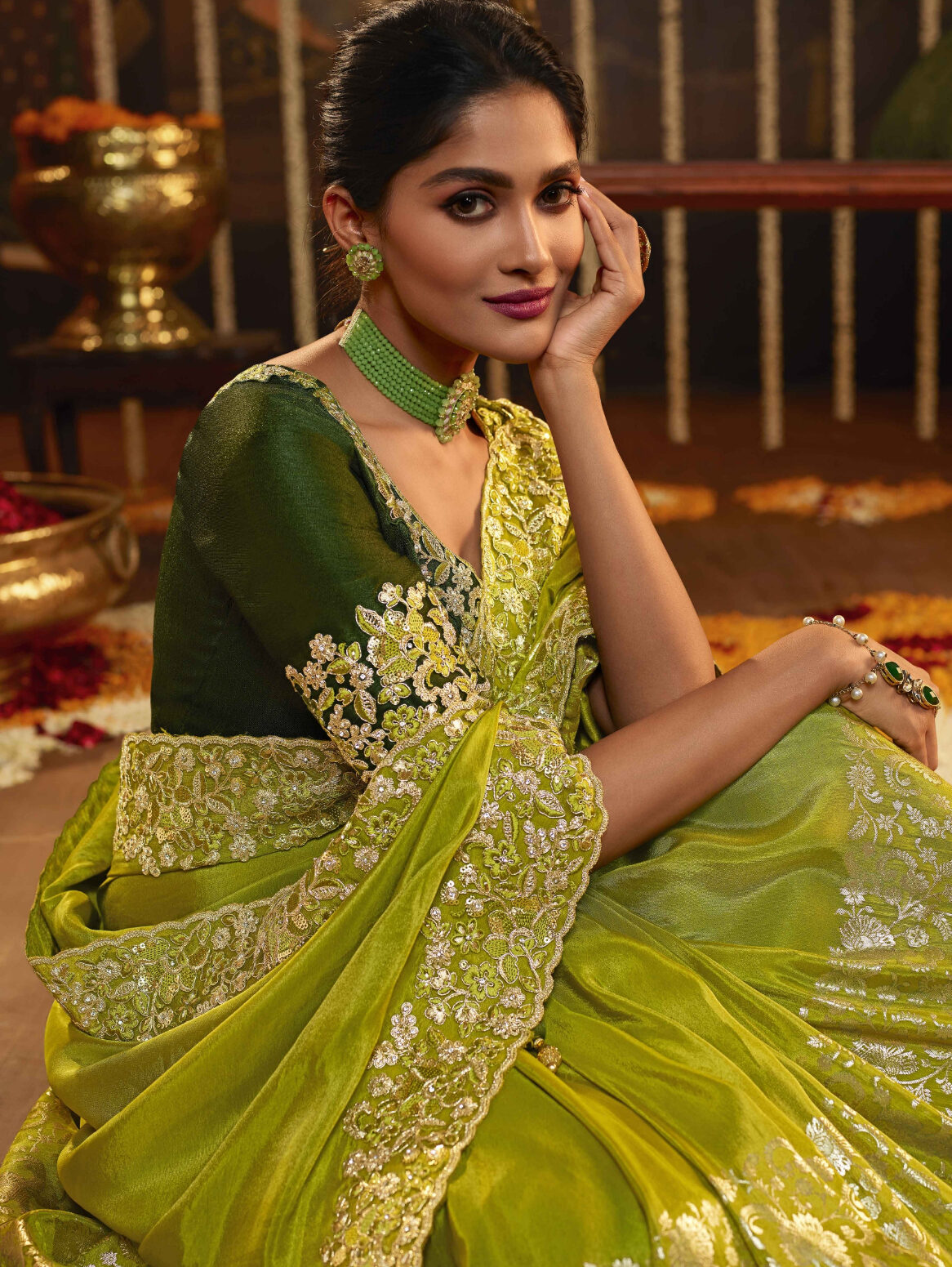 New Fashion Saree Design for Wedding Olive Green Colour