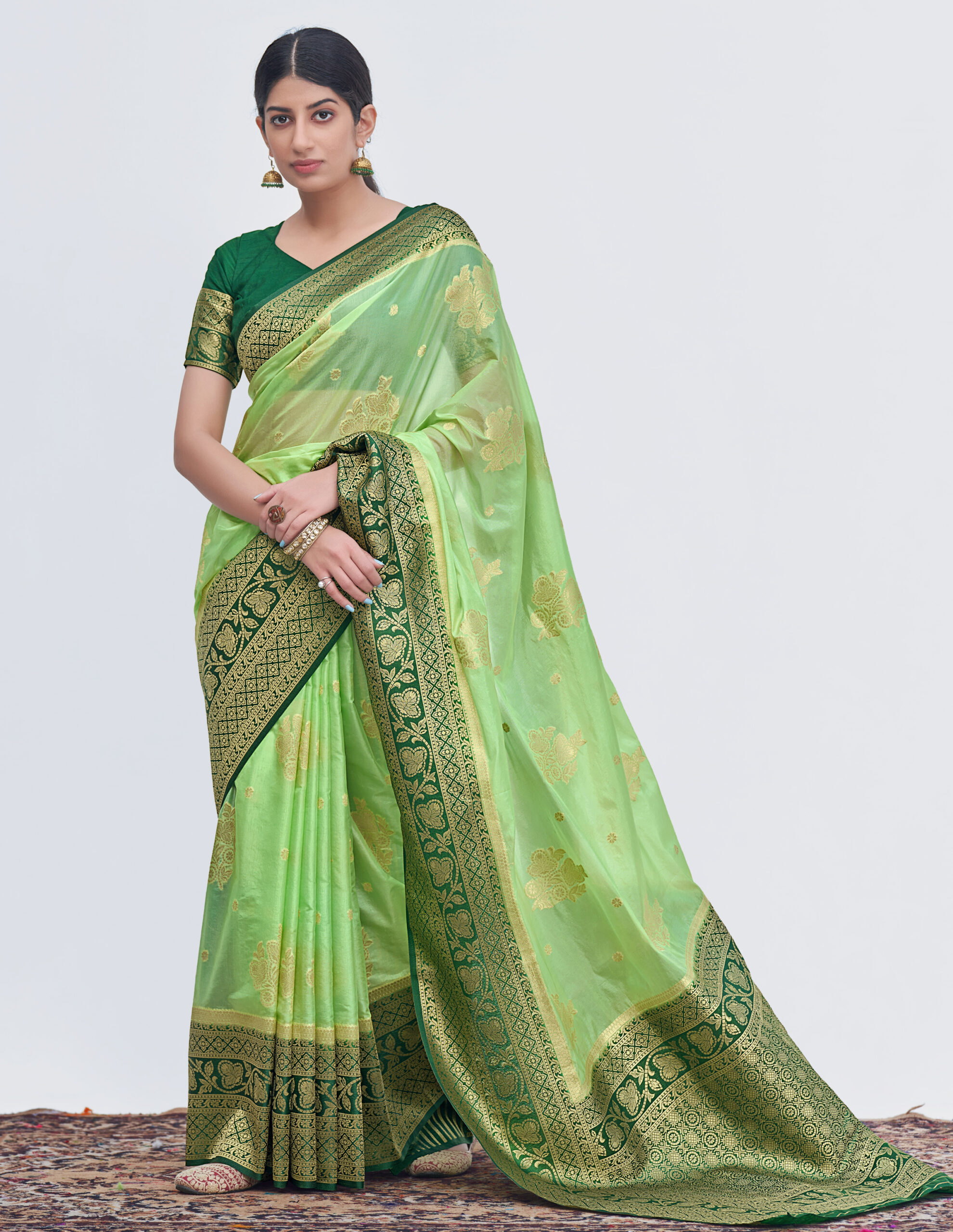 Olive Green Silk Saree Design With Contrast Blouse – Shahi Fits