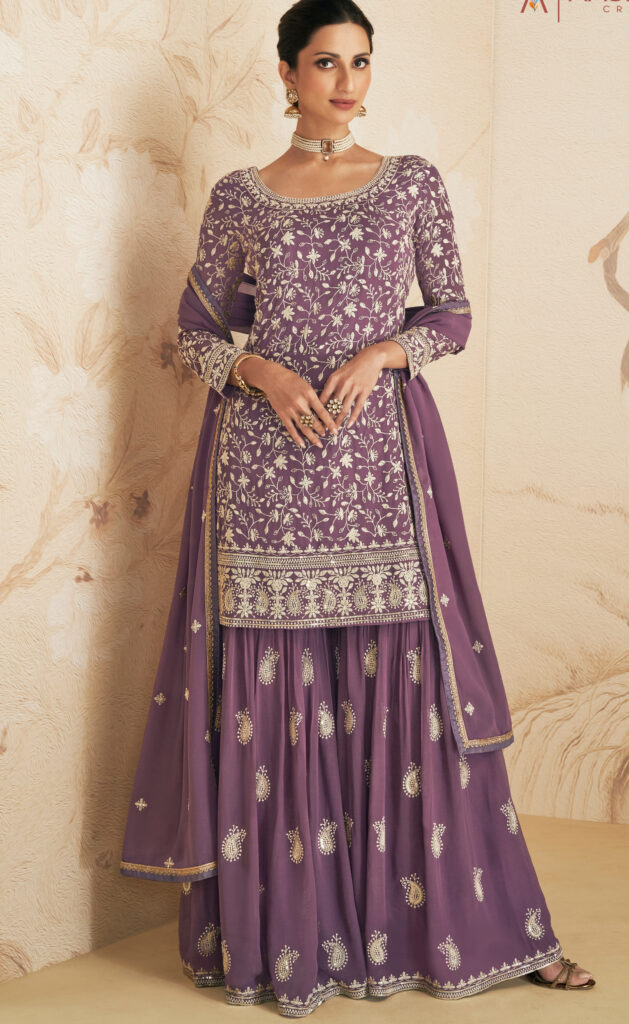 Drashti Dhami Embroidery Designs Jacquard Fabric Party Wear Sharara Style  Palazzo Suit In Navy Blue Color