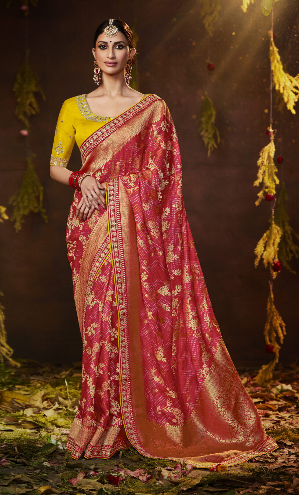 Mustard And Red Silk Trendy Saree With Embroidered For Ceremonial – Mindhal