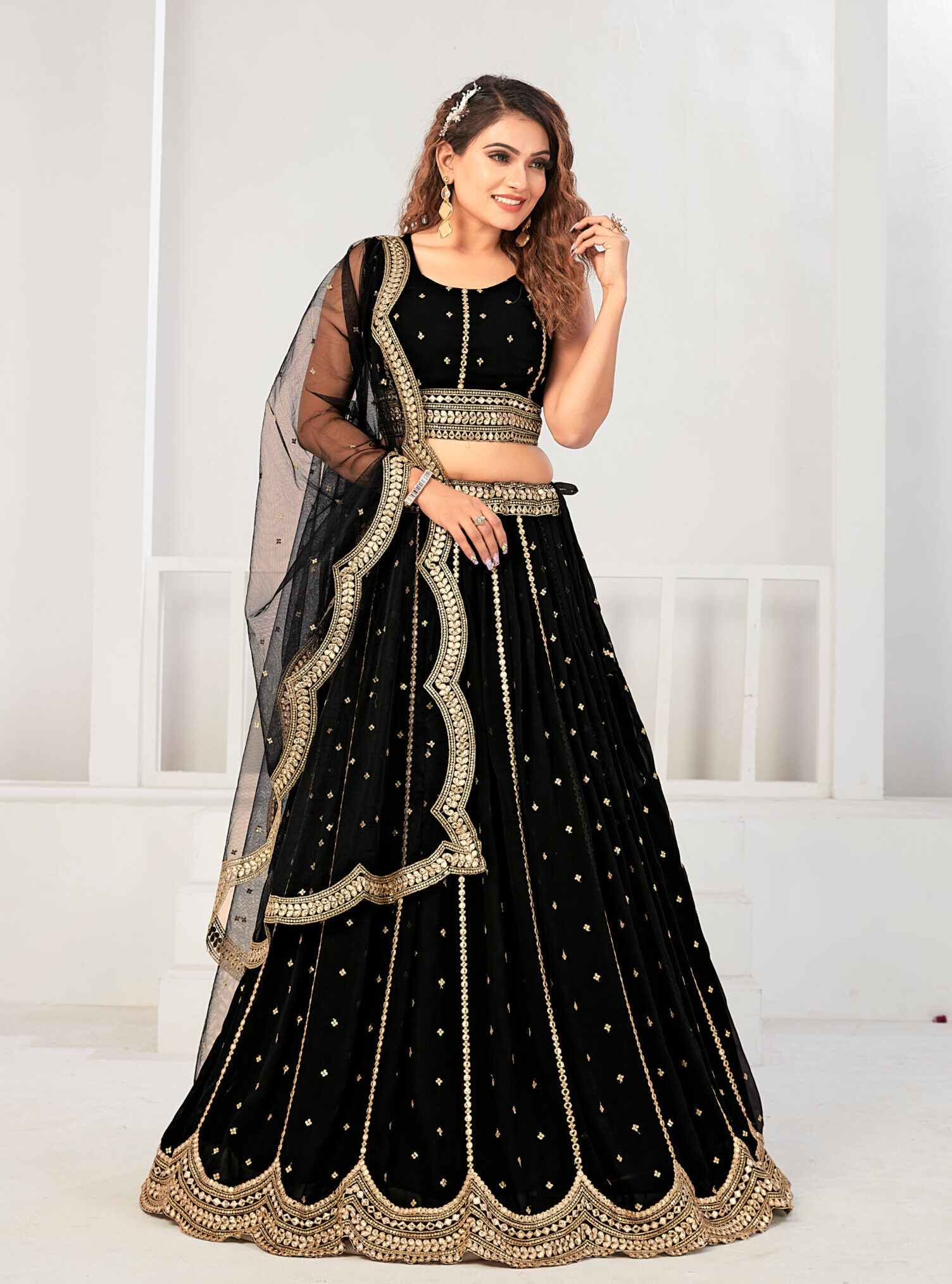 Buy Black Silk Bridesmaid Wedding Lehenga Skirt With Golden Zari Border and  Geometric Pattern Black & Gold Crop Top Blouse, Indo Western Outfit Online  in India - Etsy