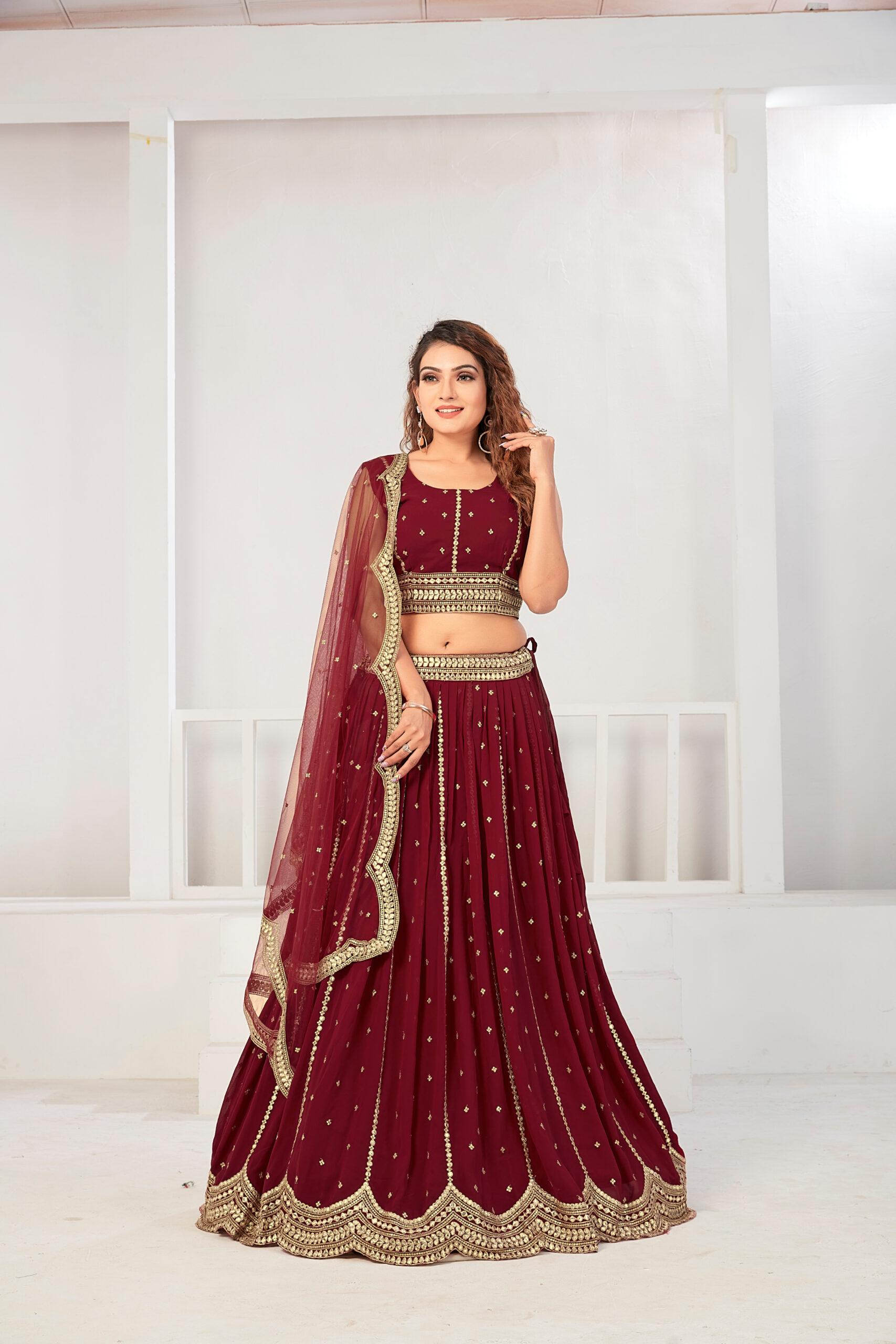 Brown Sequins Jacquard Party Wear Half Saree Lehenga by Ethnic Plus, Made  in India