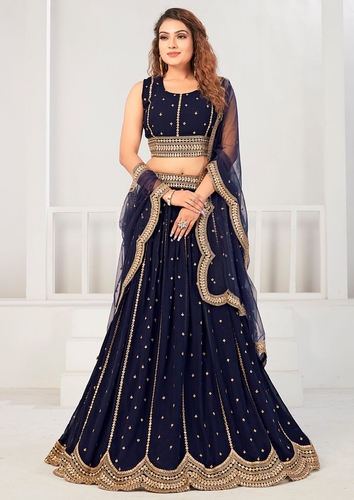 Pre-Stitched Lehenga Style Satin Saree in Navy blue : SUF10409