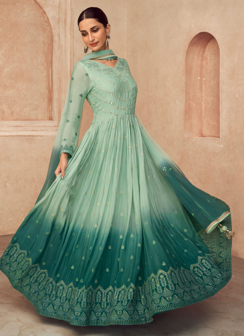 Gorgeous Peacock Blue Color Heavy Rayon Party Wear Gown