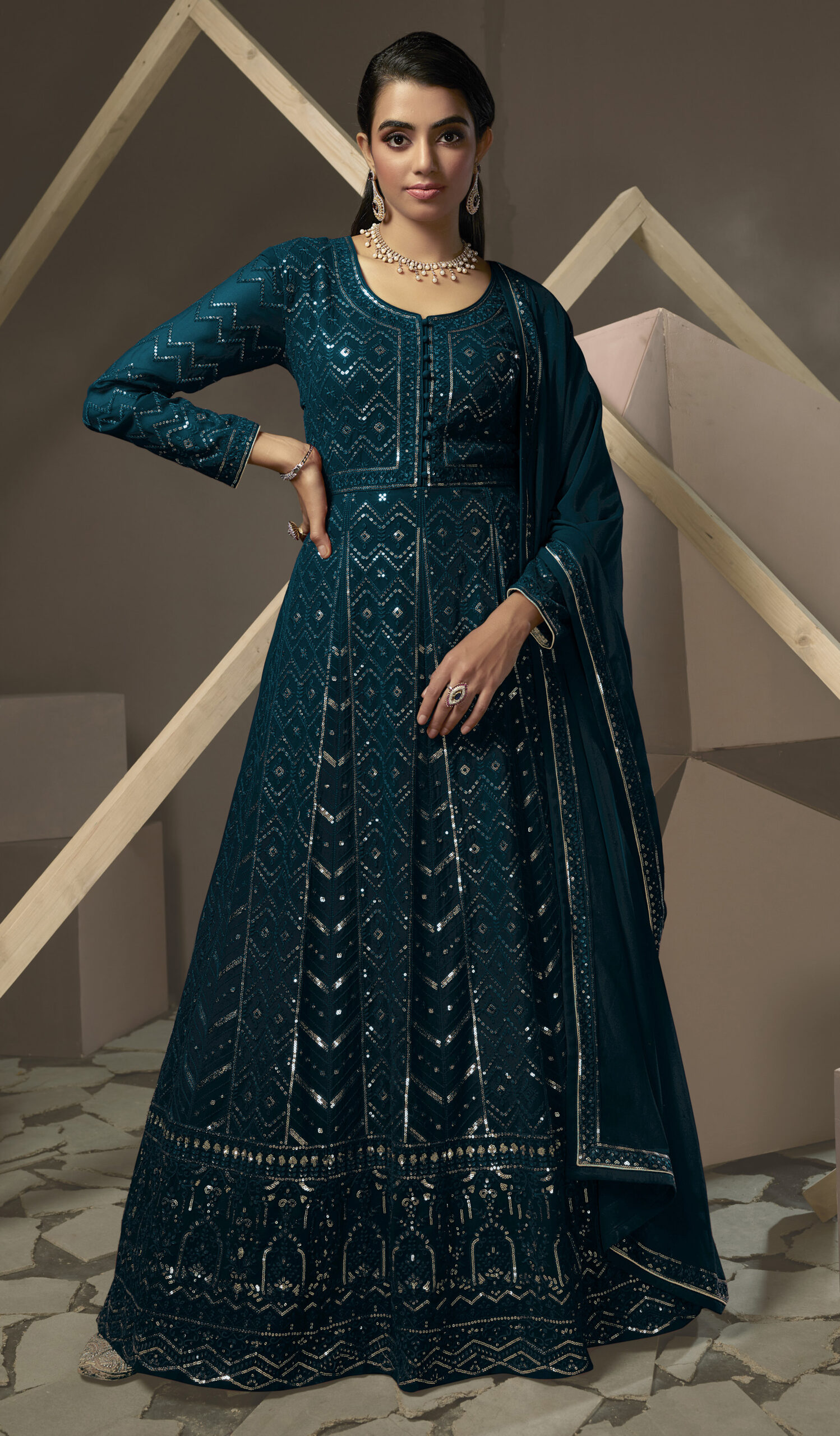 Buy Teal Blue Glitter Printed And Embroidered Dress Online - W for Woman