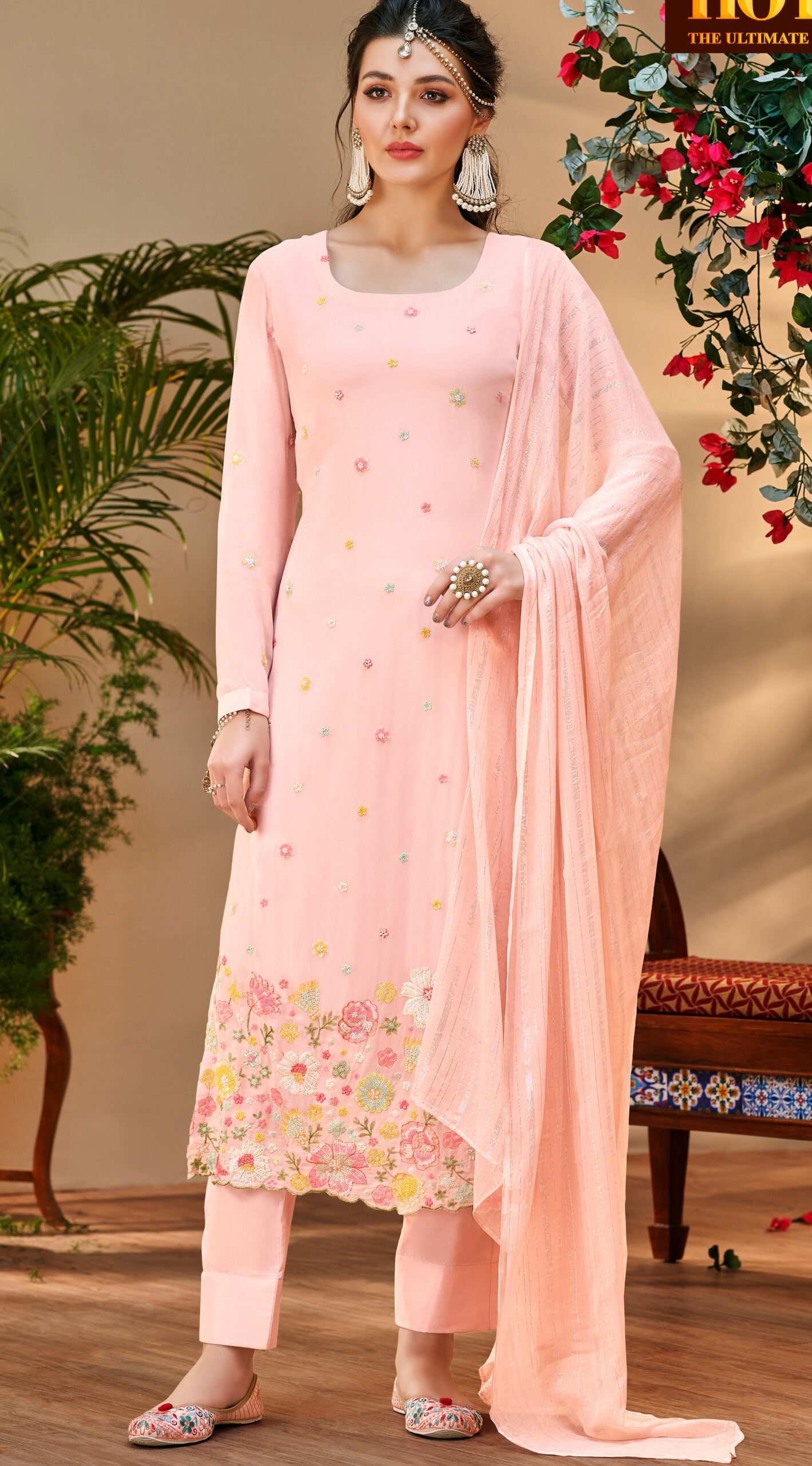 Pink Cotton Lurex Long Dress With Dupatta