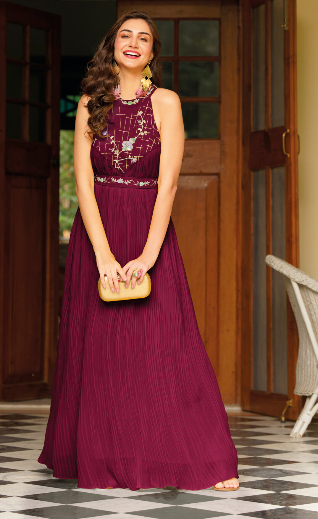 Soft Embroidered Maroon Color Readymade Party Style Gown