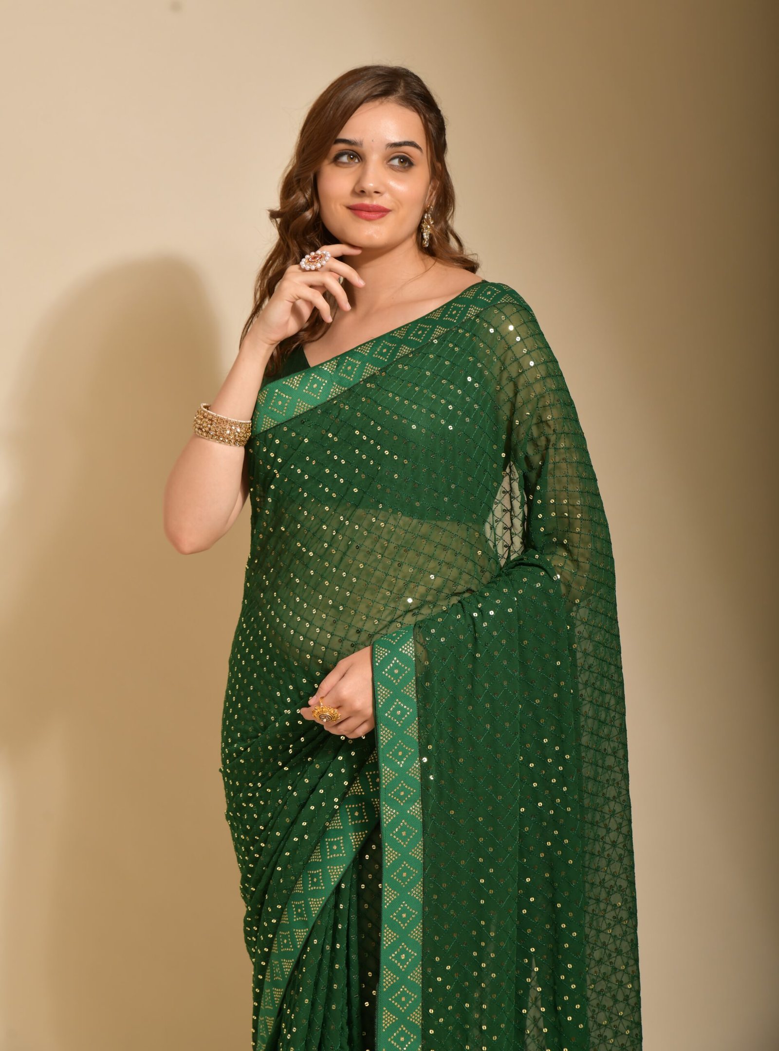 Lite pistachio green georgette chevron design full-sequin designer saree